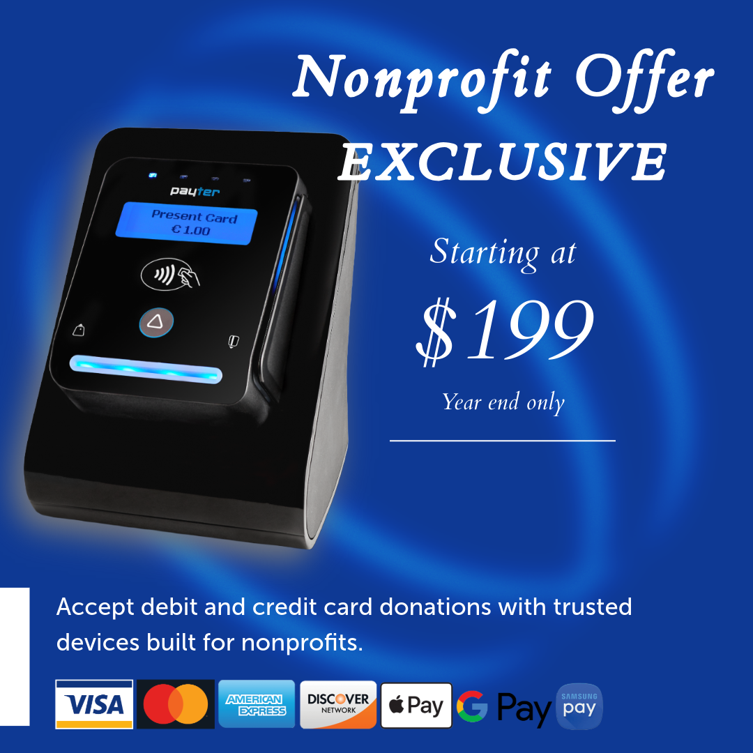  Contactless payment device for nonprofit donations, with exclusive year-end offer starting at $199, supporting Visa, Mastercard, Amex, Discover, Apple Pay, Google Pay, and Samsung 